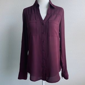Express Plum Button-Front Long Sleeve Blouse